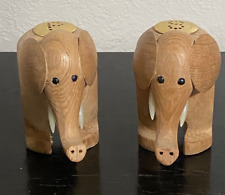 Vintage Wooden ELEPHANT Salt & Pepper Shakers with Tusks Natural Wood Unused picture