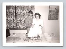 Small VINTAGE 1945 Wedding Photo Bride & Groom Cut The Cake picture