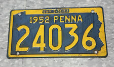 Vintage 1952 Pennsylvania License Plate 24036 Penna Man Cave Car Auto Decor picture
