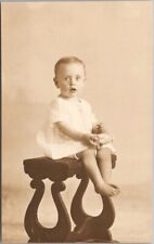 1910s RPPC Studio Photo Postcard Open-Mouthed Baby on Wooden Stool / Unused picture