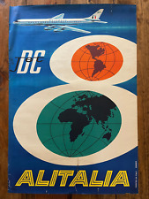 Original Vintage 60's ALITALIA DC-8 JET Airline Italy MCM Italian Travel Poster picture