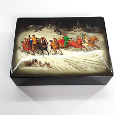Vintage Signed Russian Black Lacquer Jewelry Trinket Box 10x7 Horses Sleigh Snow picture