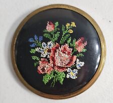 Vintage Margaret Rose Embroidered Brass Make Up Mirror Compact Made In England picture