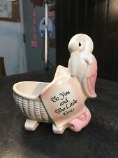 Vintage Ceramic STORK Delivering Baby Figurine  Nursery Trinket Planter USA picture