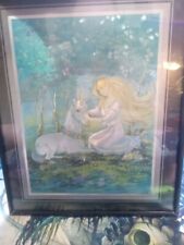 Vtg 80s Unicorn And Princess Picture Wood Wall Art Plaque Decoration Lacquered picture