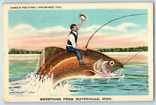Waterville Minnesota Postcard Greetings Fishing Exaggerated 1949 Vintage Antique picture