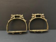 Old Vintage Hand Carved Peacock Figured Brass Horse Riding Saddle Stirrups Pair picture