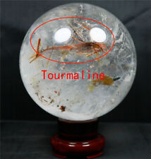 120mm  5.36LB  NATURAL WHITE CLEAR QUARTZ CRYSTAL WITH TOURMALINE SPHERE BALL picture