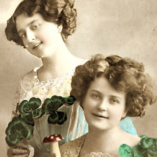 New Years RPPC Postcard Four Leaf Clover Posing Ladies Hand Tinted One of a Kind picture
