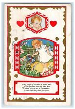 1925 Valentine Girl Watering Plants Cherub Hearts Embossed Denver CO Postcard picture