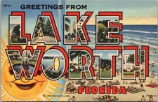 LAKE WORTH, Florida Large Letter Postcard Bathing Beach Scene / Curteich Linen picture