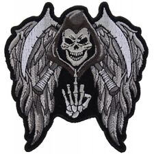 Embroidered Patch (Iron-On), Grim Reaper Skull Wings Middle Finger, 4