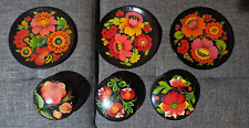 Rare Vintage Soviet 6-piece Hand-Painted floral Wood plates & jewelry boxes USSR picture
