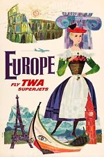TWA Visit Europe 1960s Vintage Airline Travel Poster - 16x24 picture