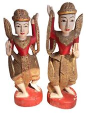 2 Antique? Thai Wood Carved Sculptures Figurines Dancing Gold Mirror Early 20 C picture