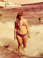 1980s Young Pretty Curvy Plus Size Woman Chic Hair Swimsuit Sea Vintage Photo picture