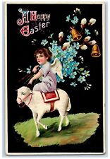 c1910's Easter Angel Riding Lamb With Pipe Berry Pansies Bells EAS Gel Postcard picture