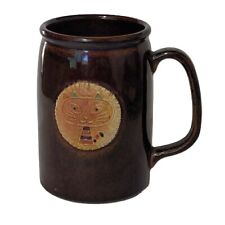 Applied LIONS Face Handmade Pottery Tankard Mug Handle Brown Tan Unmarked Cat picture