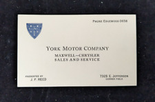 Original 1920s YORK MOTOR COMPANY Business Card ~ Maxwell Chrysler ~ Michigan picture