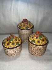 Vintage 70/80s Ceramic Daisy Basket Weave Canister Set of 3 Kitchen Decor Retro picture