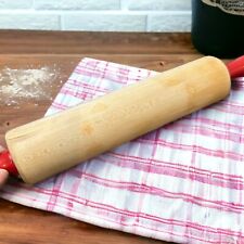 VINTAGE ANTIQUE FARMHOUSE PRIMITIVE RIBBED RED HANDLE WOOD ROLLING PIN 17.25