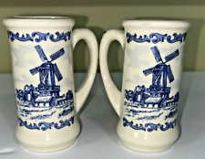 2 Vintage Handpainted Blue Delft Mini Beer Stein/Mug Windmill Dutch-Holland picture