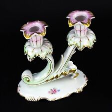 Hollohaza Hungary Porcelain Floral Double Candlestick Candle Holder Vintage Rare picture