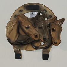Adorable Vintage Chalkware 3 Horses & Horseshoe Wall Hanging Rustic County  picture