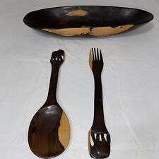Vintage Large Hand Carved Africa Wood Serving Bowl 18” X 9” & Servers picture