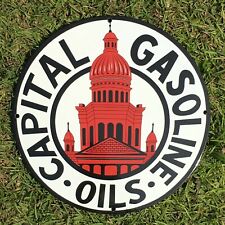 VINTAGE Capitol Gasoline Oils PORCELAIN METAL ENAMEL Gas Station Decor Sign 12in picture