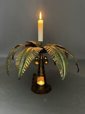 Vintage Pierced Metal Palm Tree Candle Holder Green Gold Brown picture