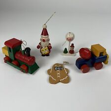 Lot Of 5 Vtg Wooden Christmas Ornaments Trains Santa Hand Painted Holiday Toys picture