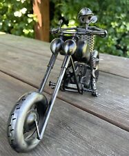 Chopper Motorcycle Biker & Helmet Scrap Steel Metal Art Sculpture 15.7”Lx7.5Hx4W picture