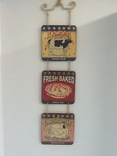 VTG 3 Tiered Hanging Chained Metal Signs Farm Dairy Fresh Eggs Milk Kitchen Deco picture
