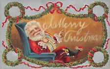 Antique Merry Christmas Santa Smoking Pipe  Embossed Victorian c1910 Postcard N4 picture
