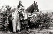 Vintage 1910's Black & White Reprint Photo of Native American Woman On Horse picture