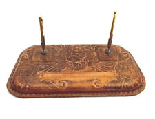 Leather Desk Pen Holder RARE  Hand Carved Old Vintage From Spain Office Decor picture