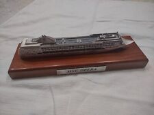 Vintage Silver Tone Metal MSC Opera Cruise Ship Model On Cedar Wood Base picture