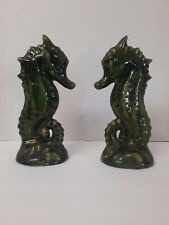 Set Of Vintage Green Glazed Ceramic Sea Horses 10.25in x 4.25in MCM picture
