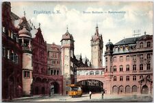 VINTAGE POSTCARD THE NEW CITY HALL AND TRAIN TROLLEY AT FRANKFURT GERMANY c.1910 picture