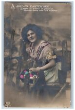 1914 Easter Girl Holding Eggs Basket Studio Portrait EAS RPPC Photo Postcard picture