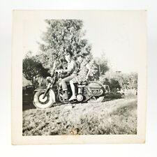 Mom & Son Riding Motorcycle Photo 1940s Biker Man Mother Tree Snapshot A4287 picture