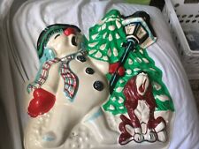 Vintage Molded Plastic Snowman and Dog Christmas Decoration Wall Hanging 16