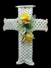 Vintage Macrame Cross With Floral Arrangement Off White Handmade By Grandma picture