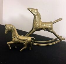 Lot of 2 Vintage Solid Brass Rocking Horse & Horse Figurines picture