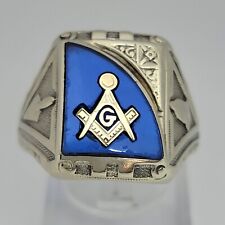 Vintage 10k White Gold Blue Spinel Masonic Ring Size 11 - 6.4gr Signed Gothic picture