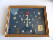 Vintage Catholic medals and crosses in shadow box 14