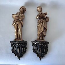Vintage 1971 Wall Plaques Set 2 Girl & Boy Statues Reading Gold Black Plaster picture