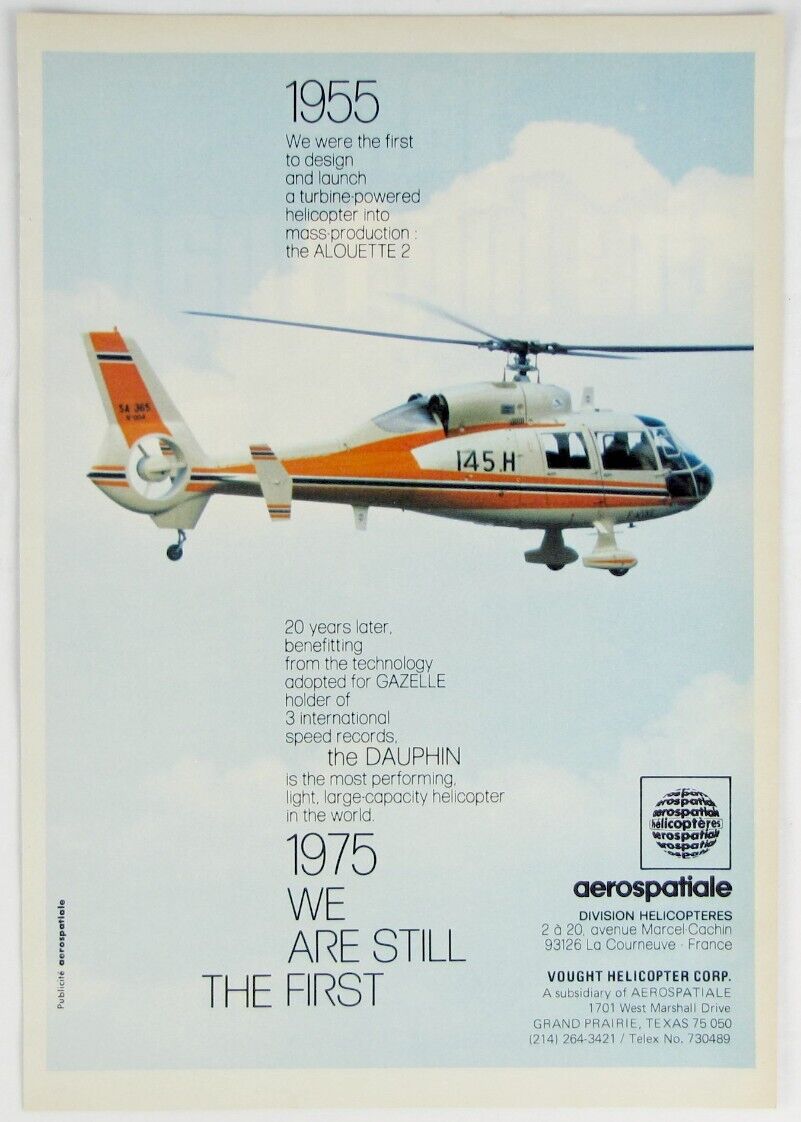 Vintage 1975 Aerospatiale Dauphin Helicopter Print Ad