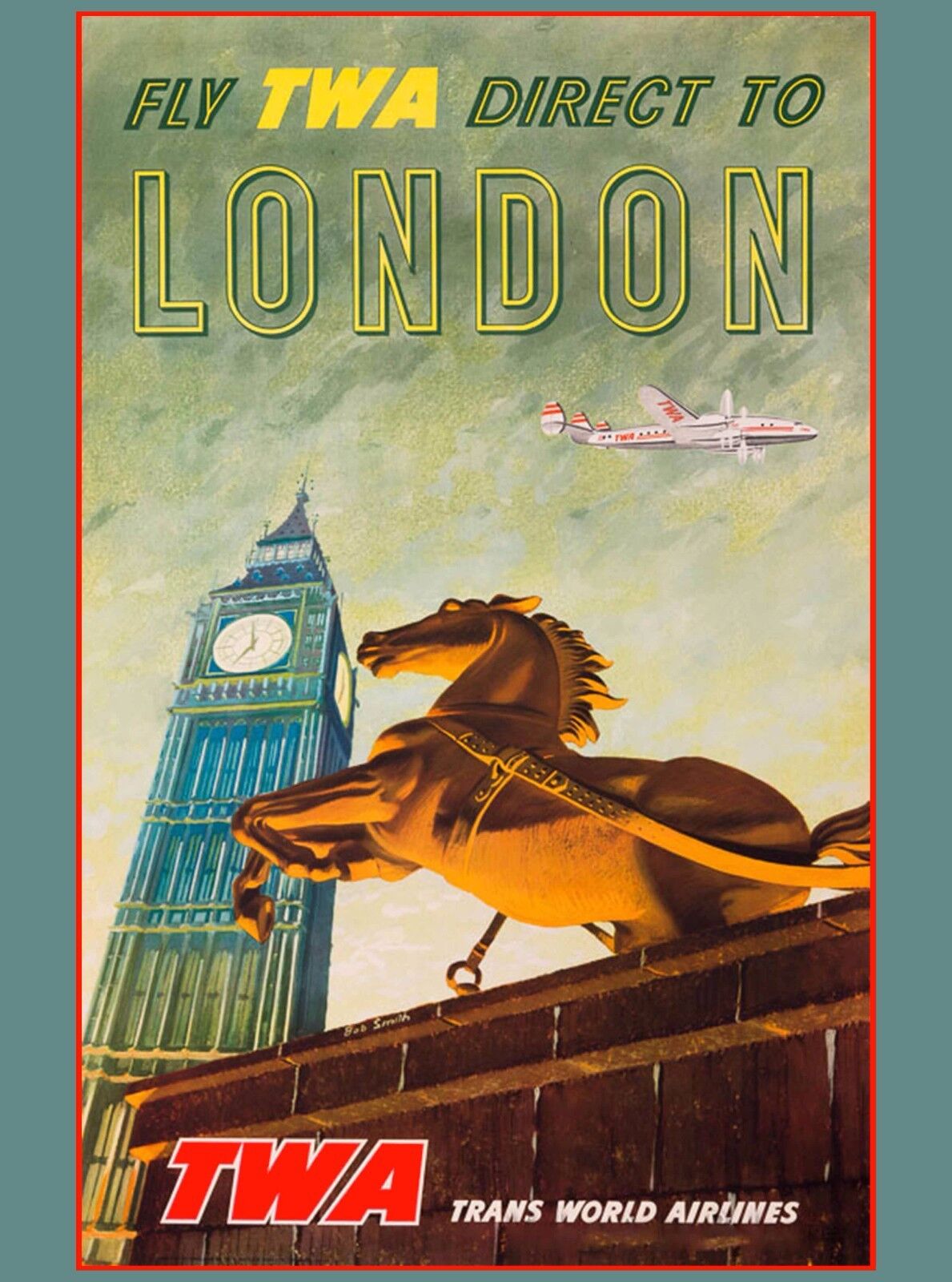 TWA Direct London England Great Britain  Vintage Travel Advertisement Poster